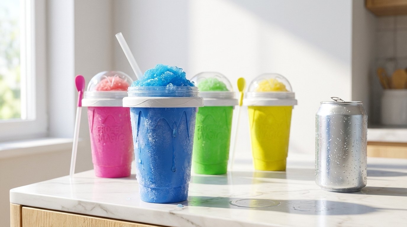Pink, blue, green, and yellow SlushyFun cups filled with fresh slushy on a sunny kitchen counter